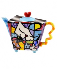 Heads and tails above the average teapot, this cat-themed design combines a funky shape with the vivid colors and bold patterns of renowned pop artist Romero Britto.
