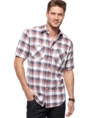 Pump up with plaid. Confidence and comfort will be your two best friends when you're sporting this classy plaid shirt from Club Room.