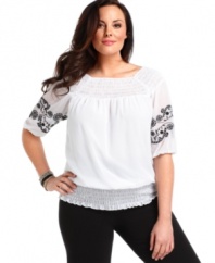 Be the image of bohemian chic with Alfani's short sleeve plus size peasant top.