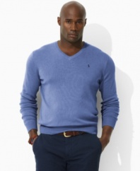 A long-sleeved sweater is designed in luxurious jersey-knit Pima cotton with a preppy V-neckline for refined, masculine polish.