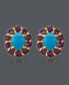 Simple studs with an elegant touch of sparkle. Earrings from CARLO VIANI® feature turquoise center stones (8 mm x 10 mm) surrounded by strips of round-cut amethyst (6-5/8 ct. t.w.). Set in 14k gold. Approximate diameter: 1/2 inch.