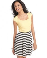 Be Bop's sweet dress features a cap-sleeve, solid bodice and a striking striped, pleated skirt. It gives you the look of a top and skirt without the hassle of matching pieces!