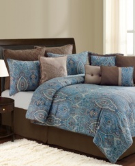 An exotic paisley print brings elegance and intrigue to the Budapest decorator set, featuring soothing tones of blue and brown. Quilted European shams, a soft coverlet and a plethora of decorative pillows embellish the look with plush polish. (Clearance)