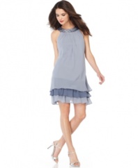 SL Fashions' petite dress is dazzling from its sequin-bedecked neckline to the triple-tiered hem, finishing the look with a soft, ruffled flourish.