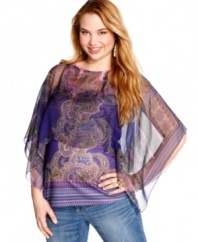 Sport one of the season's must-have trends with One World's batwing sleeve plus size top, finished by a scarf print.