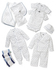 A large gift basket with a star print blanket, four burp cloths, two short sleeve rompers, a long sleeve romper, a cap, a terry cloth and terry cloth bag. Everything mommy needs for her little boy!