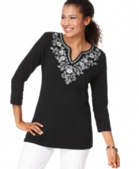This chic tunic from Karen Scott lends a world-traveled look to casual days.