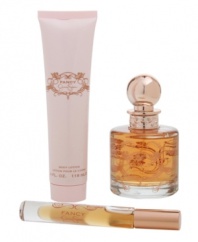 Fancy by Jessica Simpson is a sensual, versatile and memorable fragrance. It's red carpet ready while maintaining the subtle flirtatious charm of the enticing girl next door. Experience Fancy with this Gift Set, including a 3.4 oz Eau de Parfum, 4 oz Body Lotion, and .2 oz Rollerball.