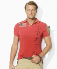 Faded and abraded for a timeworn quality, a trim-fitting cotton mesh polo is accented with an Asian-inspired graphic and a rugged American flag patch for international style.