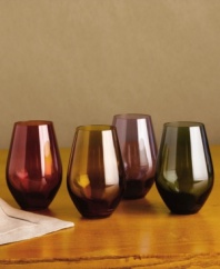 Raise a glass or four to the beauty of the sunset with richly hued Tuscany Harvest red wine glasses from Lenox. Featuring colors of the Tuscan sky at dusk, these stemless glasses look lush in any light. Qualifies for Rebate