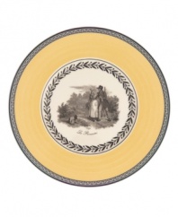 Mix and match, choosing from four patterns of black-and-white French country scenes and designs on white porcelain banded in yellow.
