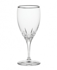 Inspired by the chic London neighborhood, Wedgwood Knightsbridge stemware features a delicately round shape with deep cuts around the bowl, accented with a platinum rim. The stem resembles a flower when viewed from above.