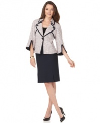 Score a fashion-forward look with Nine West's contemporary take on tweed-a subtle hue is emboldened by contrasting trim and statement-making split bell sleeves. The jacket is balanced by a solid skirt with a pleated hem.