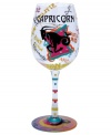 Stars align in the Capricorn wine glass. A hand-painted design as unique as your sign illustrates your personality--passionate, loyal, chic--in bright, fun hues and sparkling rhinestones. With a special drink recipe on its base.