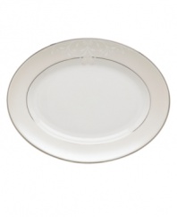 Refine your formal table with classic cream and white. Trimmed in platinum and accented with a raised dot and scroll pattern, this Opal Innocence Scroll platter from Lenox brings contemporary grace to special occasions. A pearlized finish adds subtle shimmer. Qualifies for Rebate