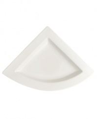 Explore new shapes for your table with Villeroy & Boch's innovative dinnerware and dishes collection in fine white china. Distinguished by angular shapes in fluid wave designs, pieces work together creating a host of options for imaginative presentation. Great for serving individual hors d'oeuvres, position four of these triangular plates together to make a round.