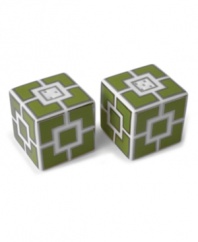 Anything but square, the Nixon salt and pepper shakers from Jonathan Adler shape things up with a fantastic geo print in green, white and dazzling platinum.