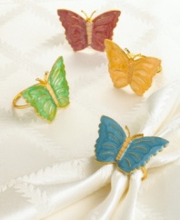 Complement the lush natural beauty of the Lenox Butterfly Meadow dinnerware collection with these elegant napkin rings. In luminous enamel with an iridescent finish, each features the classic floral and butterfly motif. Package of 4 assorted colors including: Gold, Emerald, Sky, and Berry.