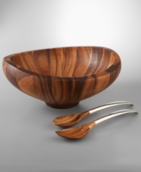 With elegant, swooping edges crafted in rich acacia wood, this salad bowl from Nambé mimics the grace and beauty of a butterfly in flight. Elongated servers with arched metal handles provide exceptional grip for easy scooping. Coordinates with individual salad bowls.