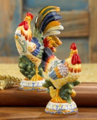 Bring the country to you. These hand-painted ceramic salt and pepper shakers are in the shape of roosters, intricately detailed and brightly colored, full of lifelike vigor. Bring a smile to your face with every meal!