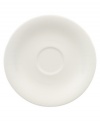 Fresh modern from Villeroy & Boch dinnerware. The dishes in this set are sheer white china in a clean round shape that inspires simply harmonious dining. A soft fluidity and radiant glaze give this after-dinner saucer quiet elegance and lasting appeal.