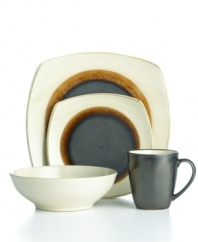 Make casual meals stand out with the distinct modern styling of this Dazzle set of dinnerware. The dishes are neutral shades of charcoal, amber and cream that pop with reactive glaze, resulting in pieces that are tastefully bold. Sango mixes round and square stoneware for added flair.