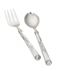 Enhance the elegant style of any special occasion with the beauty of Mother of Pearl. Slim lines of carved steel trim surround each salad server handle with classic style, only from Lauren by Ralph Lauren.