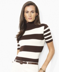 Accented with chic wide stripes, Lauren by Ralph Lauren's short-sleeved turtleneck is jersey-knit in a luxe blend of silk and cotton yarns for a soft hand.