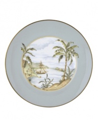 Combining the exotic lushness of the tropics with classic British style, this china collection stirs romantic thoughts of overseas adventures. This accent plate comes in three richly detailed designs--shutter, bamboo or trade winds--and features a hand-painted shore scene. A thin rim of gold lends a brilliantly elegant touch. Qualifies for Rebate
