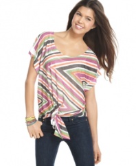 Get a sundrenched look in this colorful casual tee by Pretty Rebellious, featuring a bright striped print, breezy silhouette and a tie at the waist for a finishing touch.