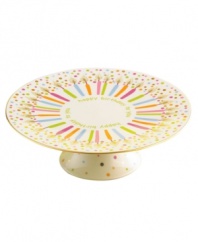 This collection of cake plates is not only beautifully adorned, but it also plays the tune, Happy Birthday to You! Featuring the colorful candles and burst of confetti of the Candles and Confetti collection from Lenox, this piece is sure to bring a big birthday surprise to your celebration. Measures 5 tall x 11.25 diameter. Qualifies for Rebate