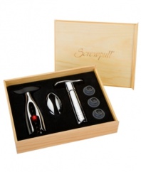 Indispensable to the wine connoisseur or perpetual party host, the Screwpull Trilogy gift set has all the tools needed to effortlessly open and preserve three bottles of wine. A corkscrew, pump and foil cutter with a luxe chrome finish satisfy a taste for style and convenience. Model GS-300A.