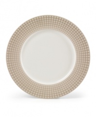 Shape up. A pattern of tiny squares gives the Mikasa Crisscross round platter a modern look and feel in resilient, everyday stoneware. Soothing tan and white tones mixing a matte and shiny finish add to its understated cool.