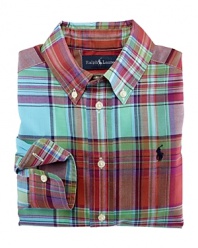 A preppy long-sleeved sport shirt in cut from woven cotton broadcloth in a vibrant plaid, tailored in Ralph Lauren's comfortable, classic-fitting Blake silhouette.