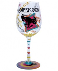 Stars align in the Capricorn wine glass. A hand-painted design as unique as your sign illustrates your personality--passionate, loyal, chic--in bright, fun hues and sparkling rhinestones. With a special drink recipe on its base.
