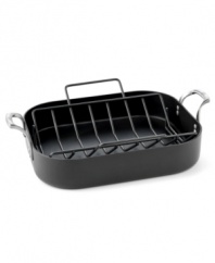 Make every night a special occasion with the Calphalon Unison nonstick oven roaster. The specially textured Sear nonstick surface helps seal in flavor, perfect for roasts, pan gravy and lasagna, while the included V-Rack allows heat to circulate 360-degrees around your food for crisp, beautifully browned poultry and meat. Lifetime warranty.