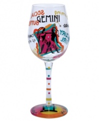 Stars align in the Gemini wine glass. A hand-painted design as unique as your sign illustrates your personality--adventurous, charming, talkative--in bright, fun hues and sparkling rhinestones. With a special drink recipe on its base.