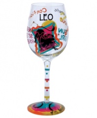 Stars align in the Leo wine glass. A hand-painted design as unique as your sign illustrates your personality--dramatic, warm, confident--in bright, fun hues and sparkling rhinestones. With a special drink recipe on its base.