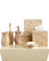 The definition of timeless luxury. The Travertine wastebasket renews your space with a naturally sophisticated look and stately appeal. Featuring pure travertine stone with a luxurious weight and smooth finish.