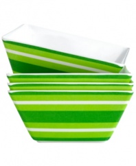 The Cellar's square cereal bowls are a surefire summer favorite and year-round hit with kids with stripes of green and white in fuss-free melamine.