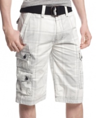 Kick back in the cool urban comfort of these plaid cargo shorts from Wear First.