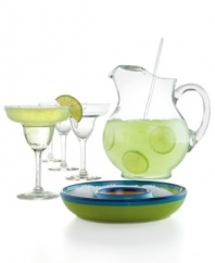 Fiesta time. This set of classic margarita drinking glasses and a party-size pitcher from The Cellar inspires instant celebration. A traditional sombrero shape accommodates a delicious dusting of salt, sugar or whatever you need to create your signature cocktail.