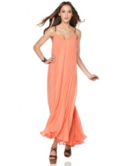 Faux-leather straps add a hard edge to this softly romantic BCBGMAXAZRIA pleated-chiffon maxi dress. A lesson in cool contrasts, this long style will surely be a spring wardrobe stand out!