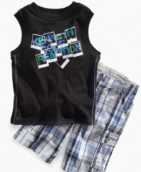 Take a snapshot! He'll be ready for his action shot in this tank and plaid cargo-short set from Kenneth Cole.
