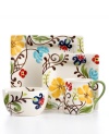 Hand painted with folksy florals, the Jardin square place settings from Vida by Espana delivers colorful fresh-for-spring style along with everyday durability.