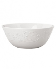 Dressed in elegant white-on-white with an embossed vine motif and interior glaze, this all-purpose bowl from the Opal Innocence Carved collection of dinnerware and dishes gets your table set for refined dining every day. Qualifies for Rebate