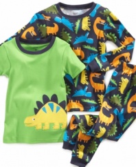 Dino-mite! He'll sleep soundly in this fun tee shirt, long-sleeved shirt and pant pajama set from Carters.