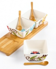 Pairing hand-painted florals and sleek bamboo, the Jardine condiment set dishes out colorful fresh-for-spring style with every helping of hummus, relish and guacamole.
