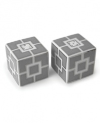 Anything but square, the Nixon salt and pepper shakers from Jonathan Adler shape things up with a fantastic geo print in gray, white and dazzling platinum.