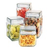Set of 4 glass canisters with rubber rimmed lids for freshness! Sizes are: Small-24 oz., Med-40 oz., Large-56 oz., XL-72 oz.